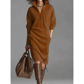 Plus Size - Hertalk'S New Button- Lapel Loose Straight Dress Is a Mid-Length Sweater Dress
