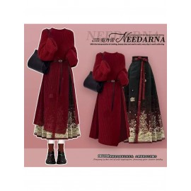 Plus Size - New Chinese Style Outfit Set for Women | Fashionable Sweater with National Style Elegant Mamian Skirt Two-Piece Set, Spring Season, Solid Color, Long Sleeve, Crew Neck