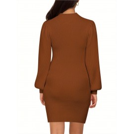 Plus Size - Pregnant Women Maternity Sweater Dress Turtleneck Puff Sleeve Slim Fit Bodycon Mini Dress