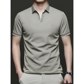 Men's Summer Short-Sleeve Collar Knit Shirt - Breathable V-Notch Blouse, Machine-Washable Casual & -Casual Tunic Top, Color-Blocking Trim (Short T) for Spring/Summer - In Stock 2518