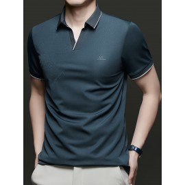 Men's Summer Short-Sleeve Collar Knit Shirt - Breathable V-Notch Blouse, Machine-Washable Casual & -Casual Tunic Top, Color-Blocking Trim (Short T) for Spring/Summer - In Stock 2518