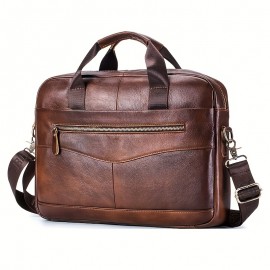 Men's Genuine Leather Business Briefcase - Large Capacity Laptop Messenger Bag with Multiple Compartments, Brown Top Grain Cowhide for Work & Travel, Laptop Bag