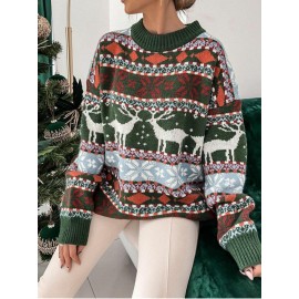 Women's Christmas Jacquard Sweater - Reindeer & Snowflake Cable- Pattern, Brown/White/Blue/Green/Red, Loose Fit Long Sleeve Round Neck Pullover, Cozy Winter Sweater for Holiday Parties & Casual Wear (Machine Washable)