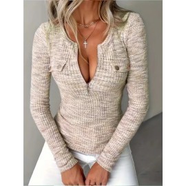 Women's Elegant V-Neck Sweater with Full Zipper Front - Belted Waist Suitable for Spring/Fall, Casual to Office Wear, Solid Color Long Sleeve Blouses Sweaters