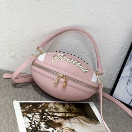 Fashion Football Shaped Handbag, Sports Theme Crossbody Bag with Adjustable Strap, Lightweight Zippered Tote with Polyester Lining, Positioning Print, Edge Paint Detail - Available in Black, White, Light Brown, Earthy Yellow