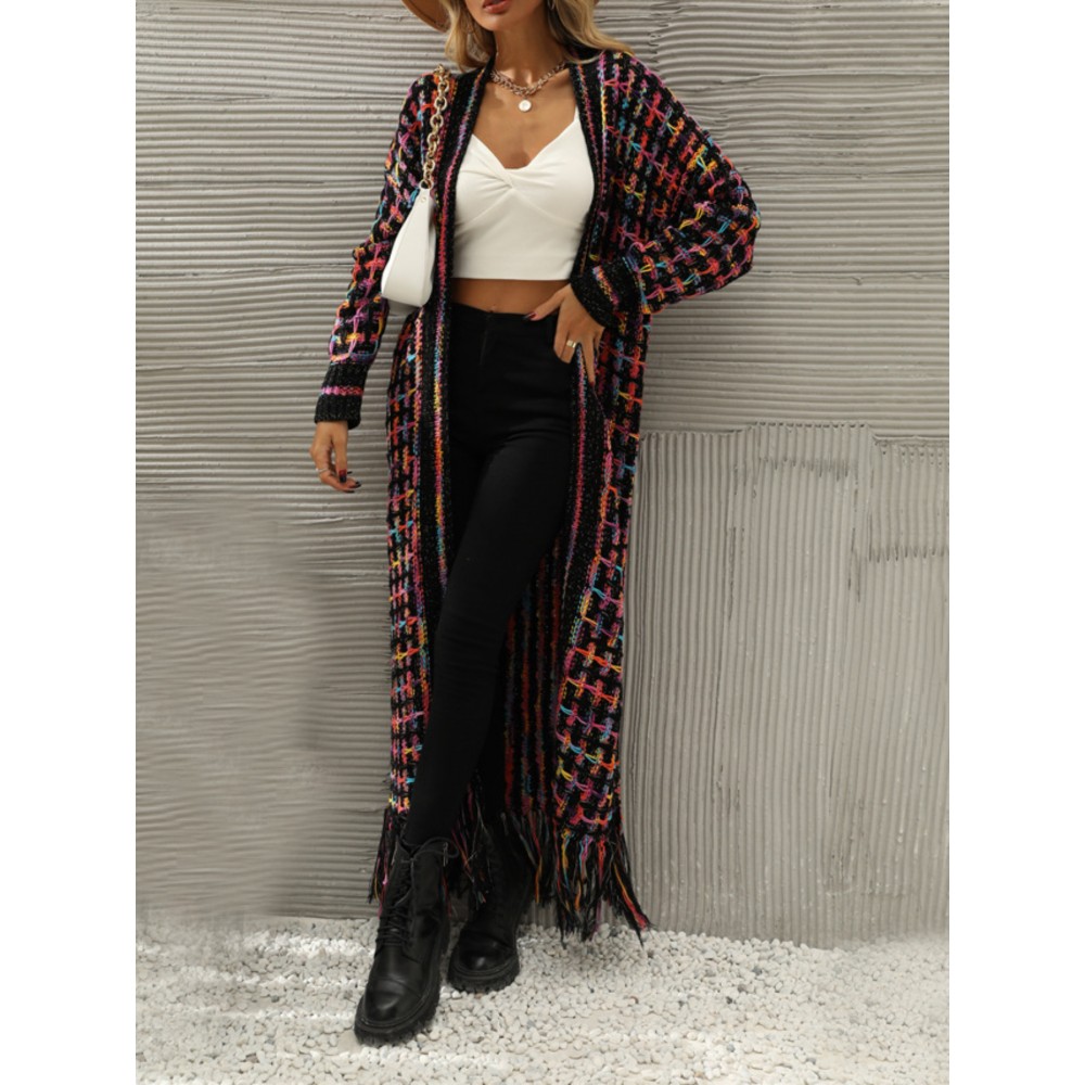 Women'S Elegant Fringe Long Cardigan - Non-Stretchy Loose Fit Winter Coat with Tassel Trim, Friendly, Belted Waist, Fall/Winter Outerwear for Everyday & Formal