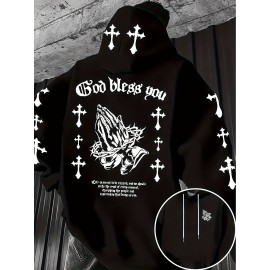 Men'S Christian Faith Hooded Sweatshirt with Prayer Hands & Cross Design - All-Season Casual Pullover, Machine Washable, Kangaroo Pocket & Drawstring Hood, Plus Size, Church Activities & Casual Attire