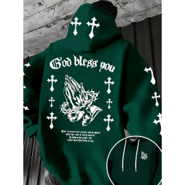 Men'S Christian Faith Hooded Sweatshirt with Prayer Hands & Cross Design - All-Season Casual Pullover, Machine Washable, Kangaroo Pocket & Drawstring Hood, Plus Size, Church Activities & Casual Attire