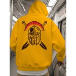 Spartan Men's Spartan Helmet and Spear Print Hooded Sweatshirt - Oversized Street Style Pullover in Beige with Red Spartan Print, Soft Warm Winter Top, Ideal Gift for History Enthusiasts, Casual Wear, Comfortable Clothing, Vintage Aesthetic, Durable
